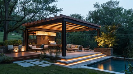 Fototapeta premium Integrated Lighting with Recessed LED and Strip Lights in Pergola