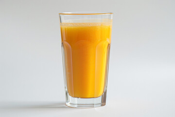 a glass of orange juice on a white surface