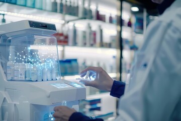 A closeup of a pharmacist using a smart dispenser to prepare medication