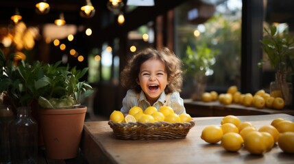 Obraz premium An adorable, joyful child laughs heartily surrounded by lemons on a rustic wooden table in a well-lit cozy environment