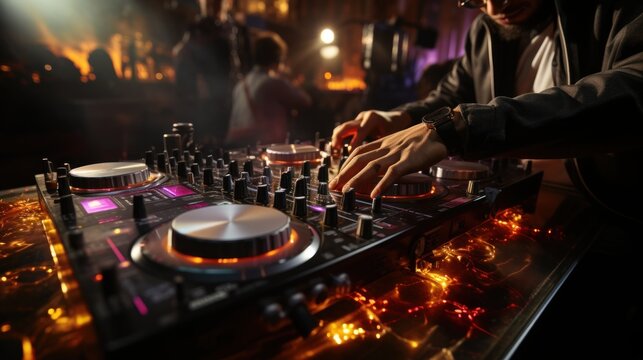 A DJ's hands adjusting controls on a colorful, illuminated mixing console at a lively nightclub environment