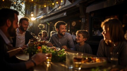 Cheerful family sharing a delicious meal together at an outdoor restaurant