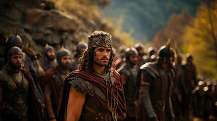 Naklejka premium A historical warrior figure in battle attire stands before an array of armored soldiers in a scenic landscape