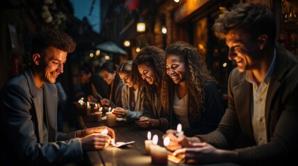Friends at a night gathering glowing from smartphone screens, a modern take on social interactions