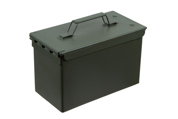 US army green metal ammo can for gun cartridges isolated on white back