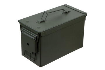 US army green metal ammo can for gun cartridges isolated on white back