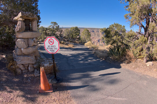 Sign stating that bikes are not allowed beyond this point at Hermits Rest, Grand Canyon, Arizona, United States of America