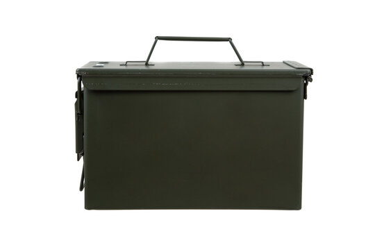 US army green metal ammo can for gun cartridges isolated on white back