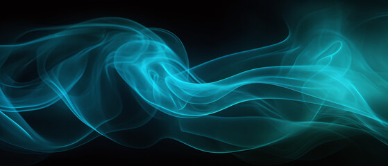 Obraz premium Teal blue blurry smoke wave on black abstract background.