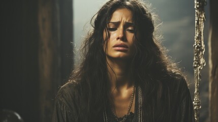 A distraught woman in period costume looking tearful in a moody, historically-inspired setting
