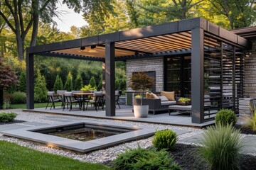 Protected Outdoor Spaces with Minimalist Pergolas and Canopies

