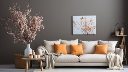 Elegant living room impeccably styled with autumn-themed decorations and a neutral color palette