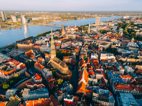 Aerial drone sunrise view of St. Peter's Church in Riga Old Town (Vecriga), UNESCO World Heritage Site, Riga, Latvia