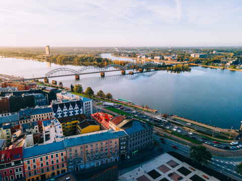 Aerial drone sunrise view of the Railway Bridge in Riga Old Town (Vecriga), Riga, Latvia