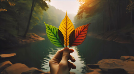 A Green Leaf with a Yellow leaf and with a red leaf hold by a hand in front of a lake with blurr bg 