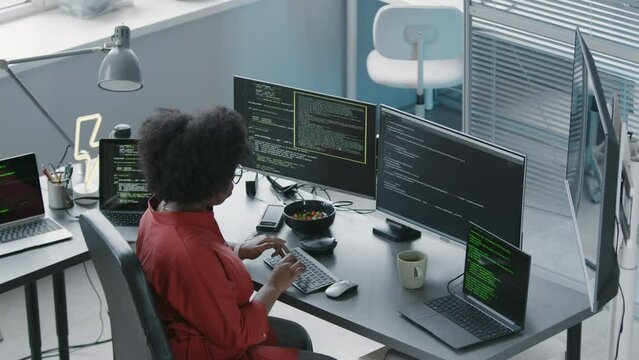 From above shot of focused Black woman program coding on desktop computer with two monitors in contemporary IT office