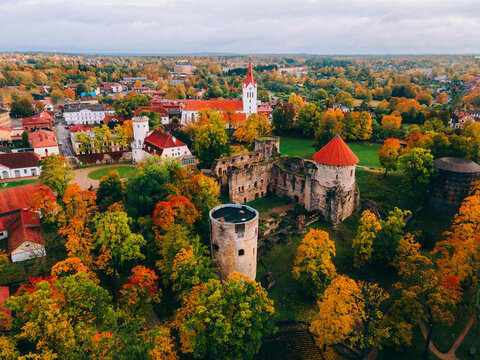Aerial drone View of Cesis Castle in the Medieval Cesis Old Town, Cesis, Latvia, Baltics