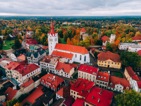 Aerial drone view of the Medieval Cesis Old Town, Cesis, Latvia, Baltics