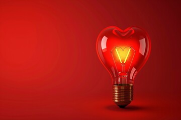 Elevate your Valentine's Day celebration with this captivating image of a light bulb emitting a warm, radiant heart-shaped glow against a vibrant red background