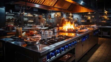A dynamic image of a busy restaurant kitchen with an open flame on the stove, likely searing food