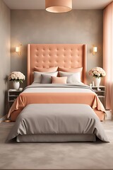 Bedroom in Delicate Peach Fuzz Color Trend 2024 with Panton Furniture and Accent Wall. Modern Luxury Room Interior for Home or Hotel. Empty Warm Apricot Paint Background for Art. 3D Render.