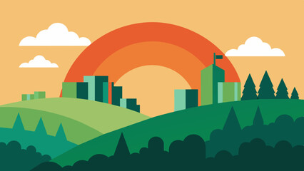 Vector Sunset over Eco-Friendly Environment City and Town with Rolling Hills 