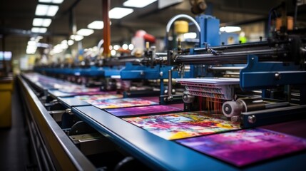 An industrial printing press produces vibrant prints with a colorful array on the conveyor belt