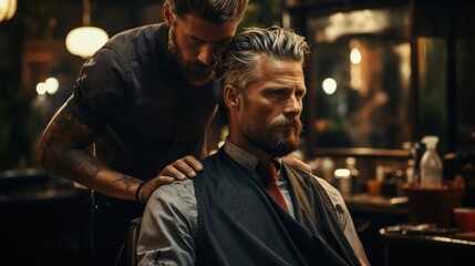 A high-quality image of a barber carefully styling the hair of a stylish man in a classic barbershop environment