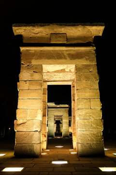 View of the ancient Nubian Temple of Debod, dismantled as part of the International Campaign to Save the Monuments of Nubia, rebuilt in Parque de la Montana, Madrid, Spain