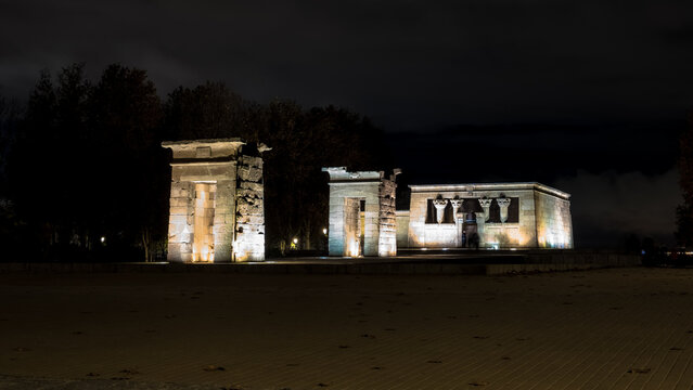 View of the ancient Nubian Temple of Debod, dismantled as part of the International Campaign to Save the Monuments of Nubia, rebuilt in Parque de la Montana, Madrid, Spain