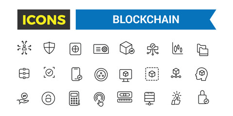 Blockchain Related Vector Line Icons. Blockchain outline icons with editable stroke collection. Editable vector icon and illustration.