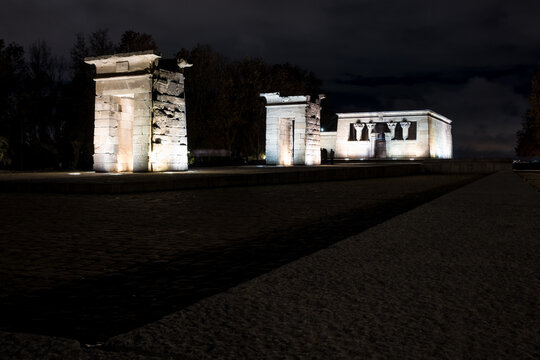 View of the ancient Nubian Temple of Debod, dismantled as part of the International Campaign to Save the Monuments of Nubia, rebuilt in Parque de la Montana, Madrid, Spain