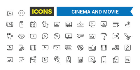 Cinema and movies icon set. Simple Set of Movies and Cinema Line Icons. Editable vector icon and illustration.