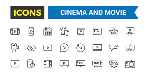 Cinema and movies icon set. Simple Set of Movies and Cinema Line Icons. Editable vector icon and illustration.