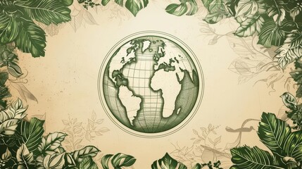Blank vintage card for Earth Day, designed with hitech styles and element icons of the globe and leaves, and large copy space in the center for text