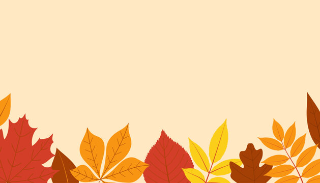 Autumn leaves border. Horizontal banner or background decorated with multicolored leaves. Flat vector illustration