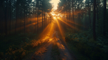 Obraz premium Drone shot of a forest road at sunrise with light rays piercing through the trees.