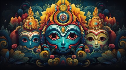 illustration of Lord Jagannath, Balabhadra and Subhadra on annual Rathayatra in Odisha festival background