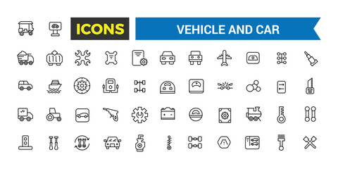 Transport, vehicle and car icon set. Outline icons pack. Editable vector icon and illustration.