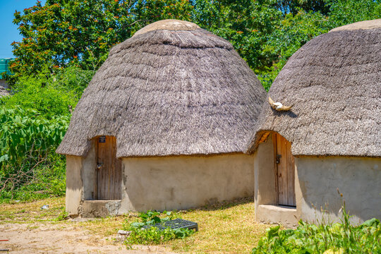 View of thatched roof houses in traditional Zulu village, Veyane Cultural Village, Khula, Khula Village, KwaZulu-Natal Province, South Africa