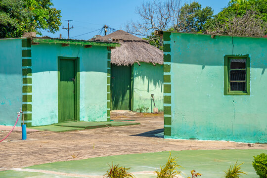 View of colourful houses in traditional Zulu village, Veyane Cultural Village, Khula, Khula Village, KwaZulu-Natal Province, South Africa