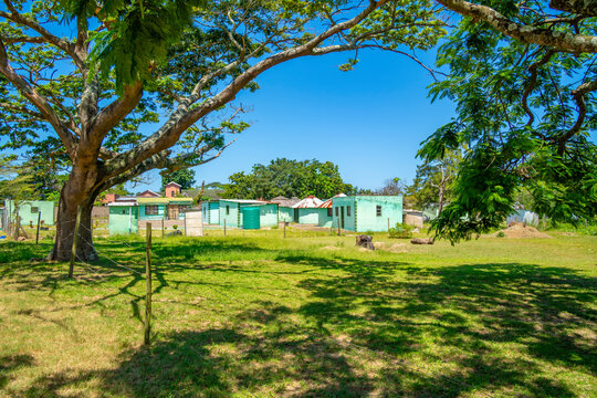 View of colourful houses in traditional Zulu village, Veyane Cultural Village, Khula, Khula Village, KwaZulu-Natal Province, South Africa