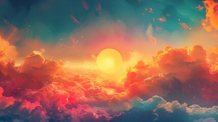 Naklejka premium Whimsical Colorful Background with Clouds and Sun, Playful Imagination Scene