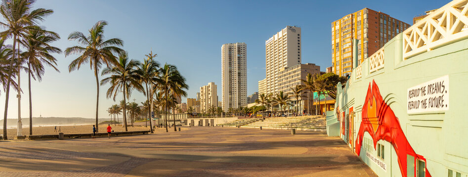View of promenade, colourful wall art and hotels, Durban, KwaZulu-Natal Province, South Africa