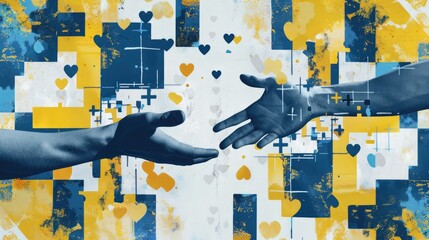 Fototapeta premium Minimalist collage of two hands reaching towards each other. one hand passes the pills to the other hand