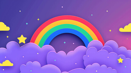 A beautiful 3D illustration of a rainbow over a bed of fluffy clouds.
