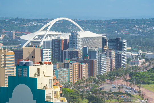 Elevated view of Moses Mabhida Stadium and hotels, Durban, KwaZulu-Natal Province, South Africa