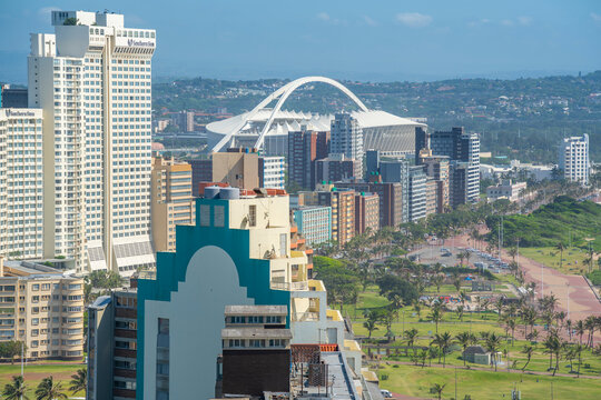 Elevated view of Moses Mabhida Stadium and hotels, Durban, KwaZulu-Natal Province, South Africa