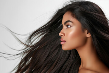 Naklejka premium Side profile of an Indian girl with long, dark hair blowing in the wind, light background