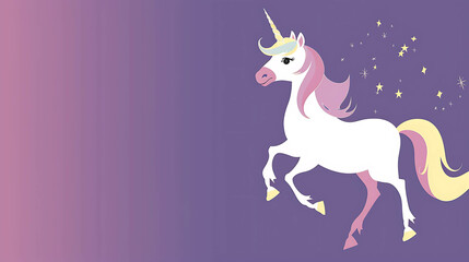 A beautiful unicorn with a flowing mane and tail. The unicorn is standing on a purple background with stars in the background.